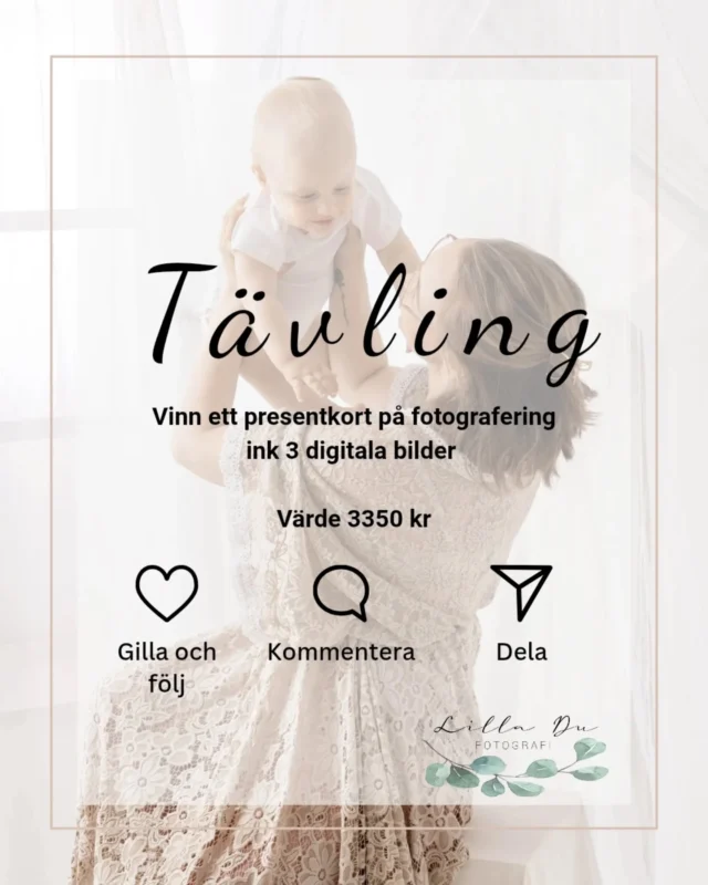 Tävlings dags 🥰

För att fira mina 10 år i studion så kör vi en tävling 🎉

Tävla om ett presentkort på en gravid eller bebisfotografering (ej nyfödd)  inklusive 3 digital bilder.
Fotograferingen äger rum i min studio på Kronan här i Luleå.

Så här gör du för att tävla

✔️ Följ mig här på @lilladufotografi 

❤️ Gilla detta inlägg

✏️ Kommentera vad för fotografering du vill vinna

🫂Tagga en vän som du också tror vill vinna (varje vän du taggar i en ny kommentar ger en extra lott i dragningen)

🥰 Dela inlägget i din story och tagga mig (skicka en screenshot om du har privat konto)

Tävlingen avslutas söndag  12/4 klockan 20.00  vinnaren presenteras kvällen efter.

Denna tävling är inte på något sätt sponsrad, administrerad eller knuten till Instagram.
Eventuell vinstskatt betalas av vinnaren

Presentkortet är inte personligt och är giltigt i ett år.