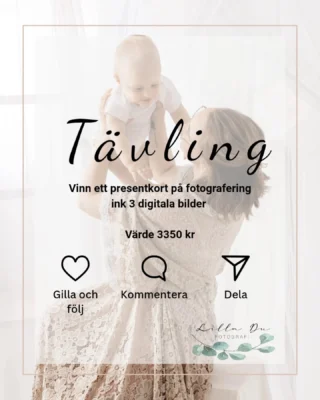 TÄVLINGEN ÄR AVSLUTAD! 
Stort grattis  @hannahkarlsson_

Tävlings dags 🥰

För att fira mina 10 år i studion så kör vi en tävling 🎉

Tävla om ett presentkort på en gravid eller bebisfotografering (ej nyfödd)  inklusive 3 digital bilder.
Fotograferingen äger rum i min studio på Kronan här i Luleå.

Så här gör du för att tävla

✔️ Följ mig här på @lilladufotografi 

❤️ Gilla detta inlägg

✏️ Kommentera vad för fotografering du vill vinna

🫂Tagga en vän som du också tror vill vinna (varje vän du taggar i en ny kommentar ger en extra lott i dragningen)

🥰 Dela inlägget i din story och tagga mig (skicka en screenshot om du har privat konto)

Tävlingen avslutas söndag  12/4 klockan 20.00  vinnaren presenteras kvällen efter.

Denna tävling är inte på något sätt sponsrad, administrerad eller knuten till Instagram.
Eventuell vinstskatt betalas av vinnaren

Presentkortet är inte personligt och är giltigt i ett år.